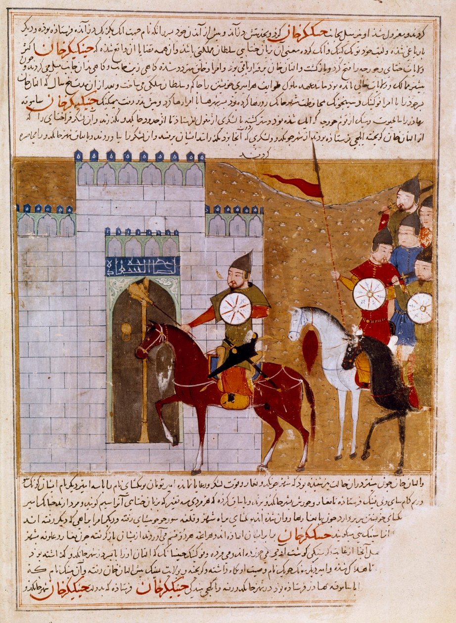 Mongóis sitiando uma fortaleza persa em miniatura tirada de "Jami al-tawarikh" (Jami al tawarikh) ou "História Universal" pelo historiador Rashid al-din (al din) (1247-1318) Por volta de 1430 Paris, B.N. de Persian School