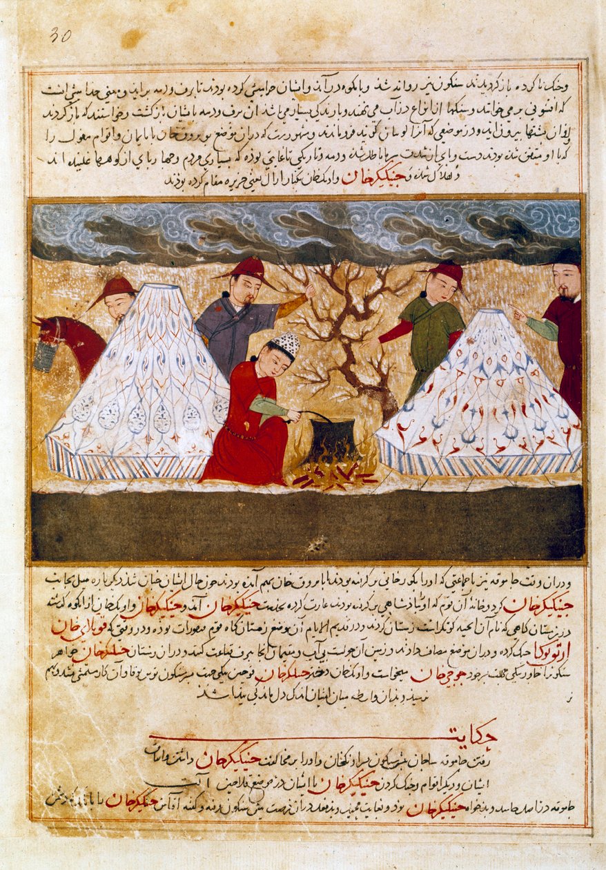 Mongóis cozinhando miniatura persa tirada de "Jami al-tawarikh" (Jami al tawarikh) ou "História Universal" pelo historiador Rashid al-din (al din) (1247-1318) Por volta de 1430. Paris, B.N. de Persian School