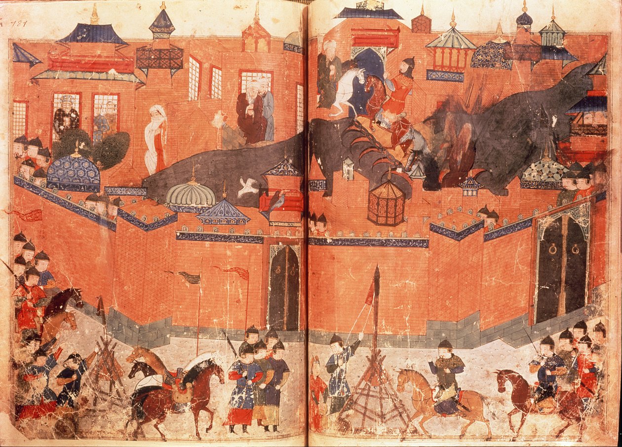 Ms.Sup.Pers.1113.f.180v-181 Os mongóis, sob a direção de Hulagu Khan, atacam e capturam Bagdade em 1258, a partir de um livro de Rashid al-Din (1247-1318) (velino) de Persian School