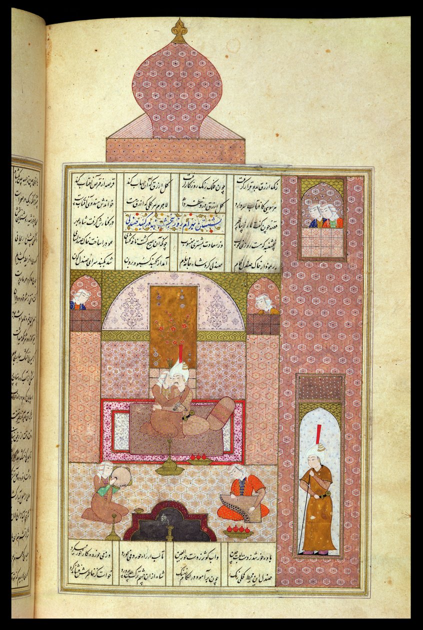 Sra. D-212 fol.221b Bahram (420-28) Visita a Princesa do Rum, ilustração de &39;As Sete Princesas&39;, 1199, de Elias Nezami (1140-1209) c.1550 (guache sobre papel) de Persian School