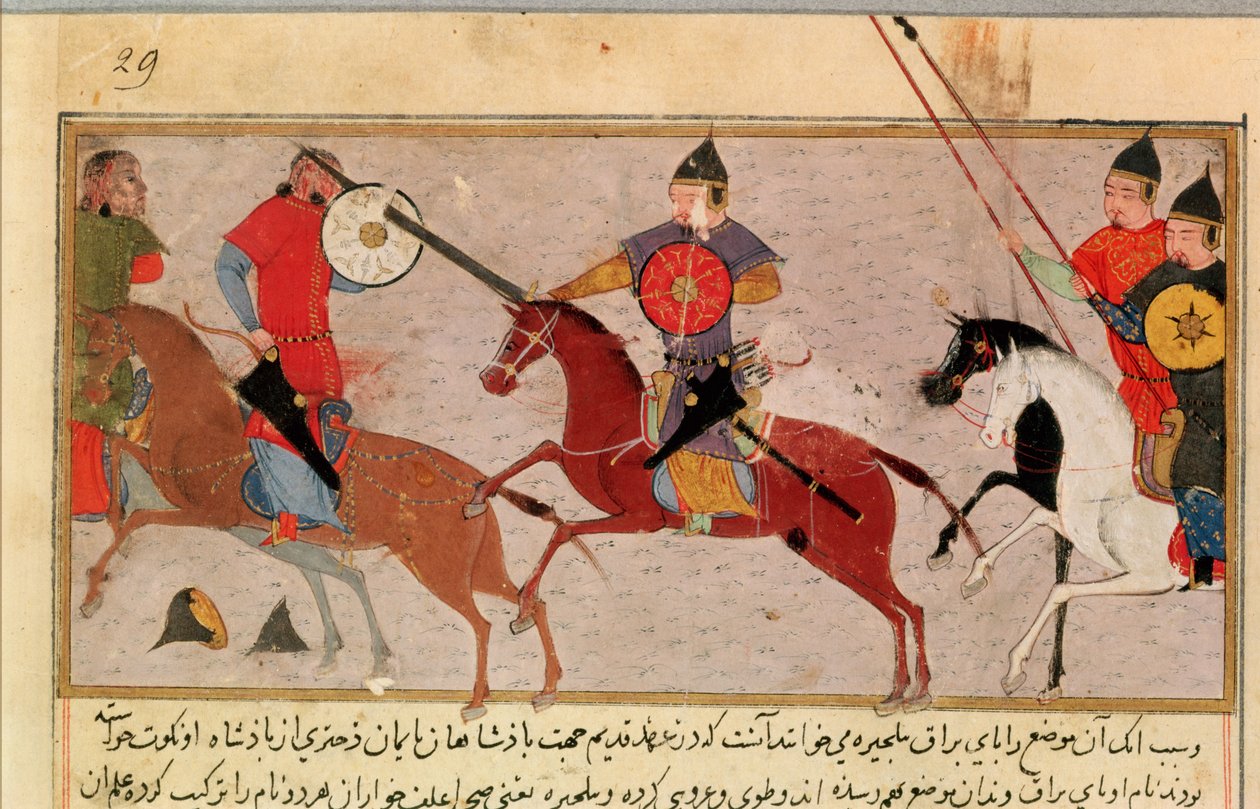 Ms Pers.113 f.29 Genghis Khan (c.1162-1227) Lutando contra os tártaros, de um livro de Rashid-al-Din (1247-1318) (guache) de Persian School