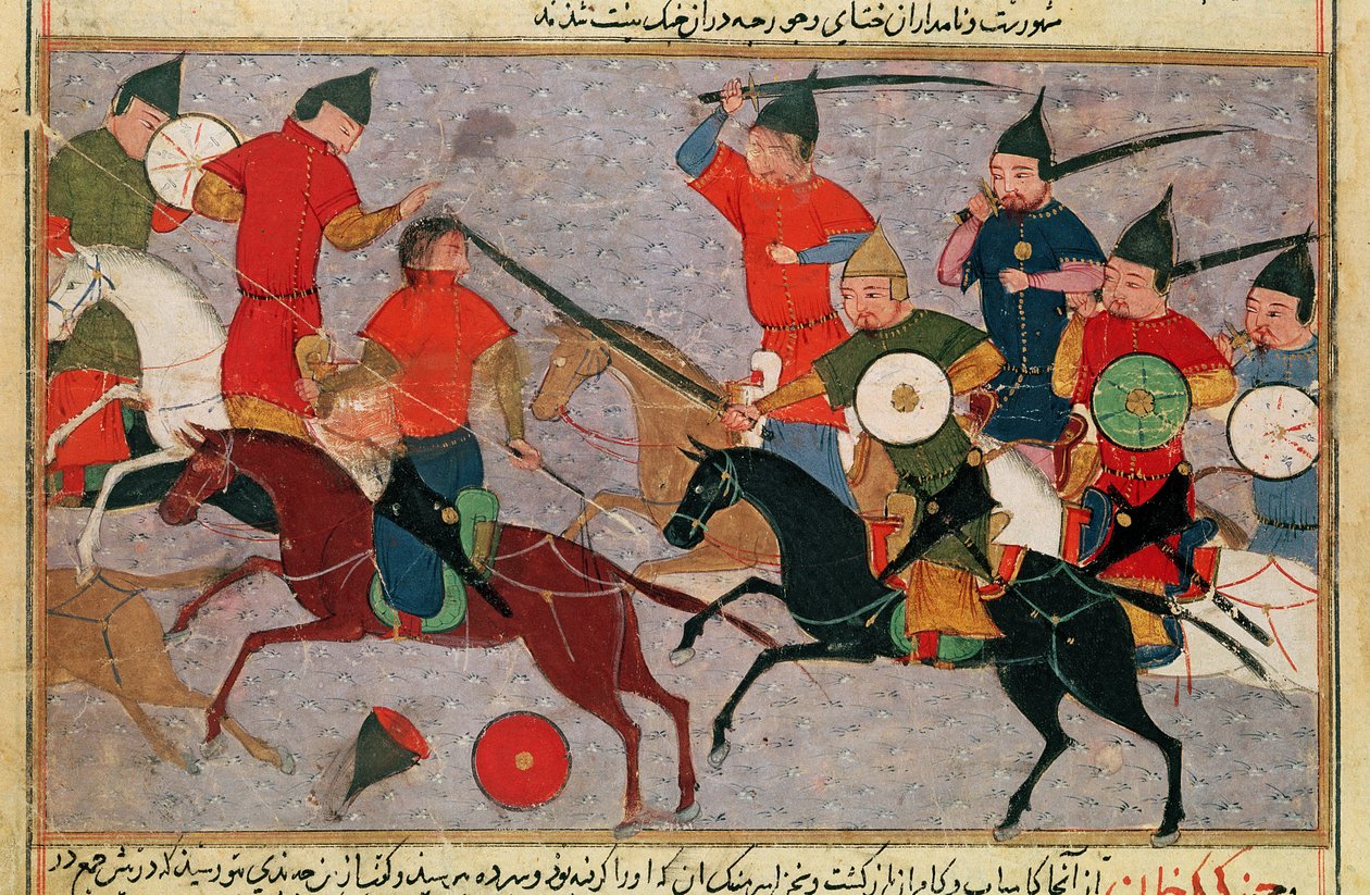 Ms Pers.113 f.49 Genghis Khan (c.1162-1227) em Battle, de um livro de Rashid-al-Din (1247-1318) (guache) de Persian School