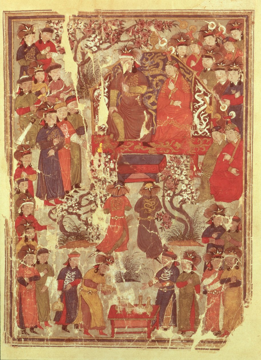 Sra. Supp. Pers. 1113 f.126v Genghis Khan e sua esposa Bortei entronizaram-se perante os cortesãos, folio de um livro chamado Jami al Tawarikh (História universal) por Rashid ad-Din (1247-1318) de Persian School