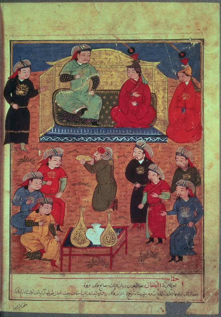 Sra. Supp. Pers. 1113 fol.203v Arghan Khan com duas de suas esposas e seu filho Ghazan, de um livro de Rashid ad-Din (1247-1318) de Persian School
