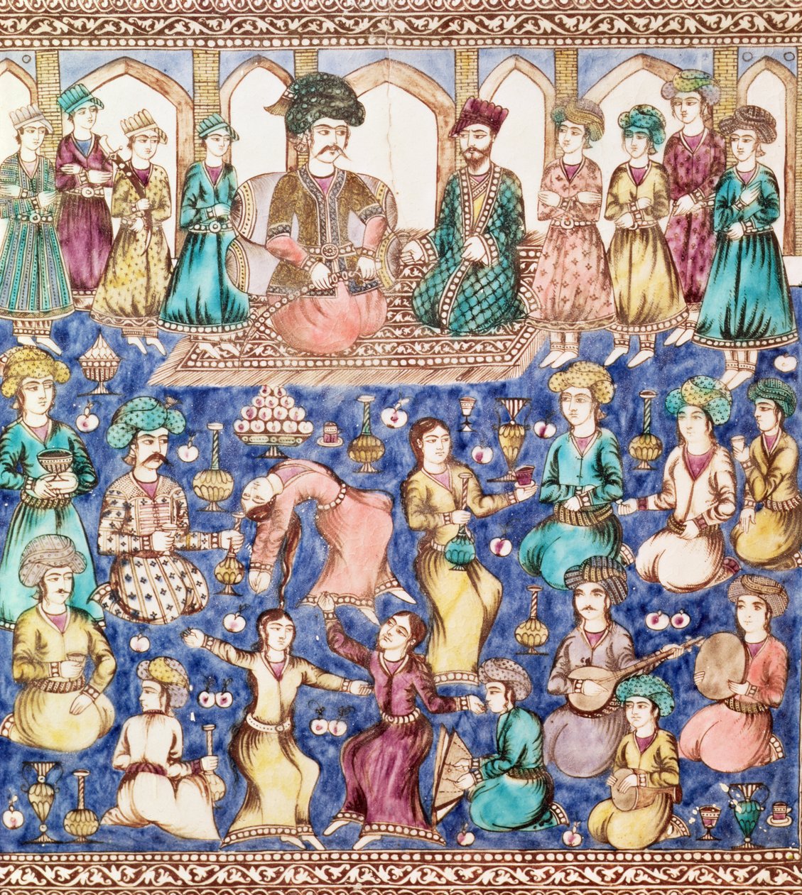 Músicos e dançarinos na corte de Nasser al-Din Shah Qajar (1831-96) (cerâmica) de Persian School