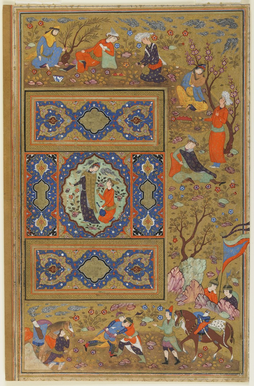 Par de namorados, c.1590-1610 (tinta, aquarela opaca e ouro sobre papel) de Persian School