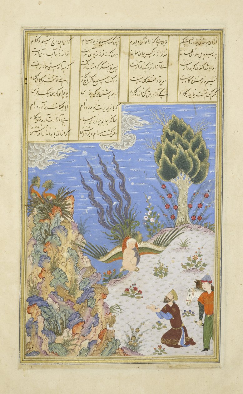 Persa 239 fol.16b O Simurgh restaura Z l para S m, ilustração do Shahnama (Livro dos Reis), por Abul-Qasim Mansur Firdawsi (c.934-c.1020), 1444 de Persian School