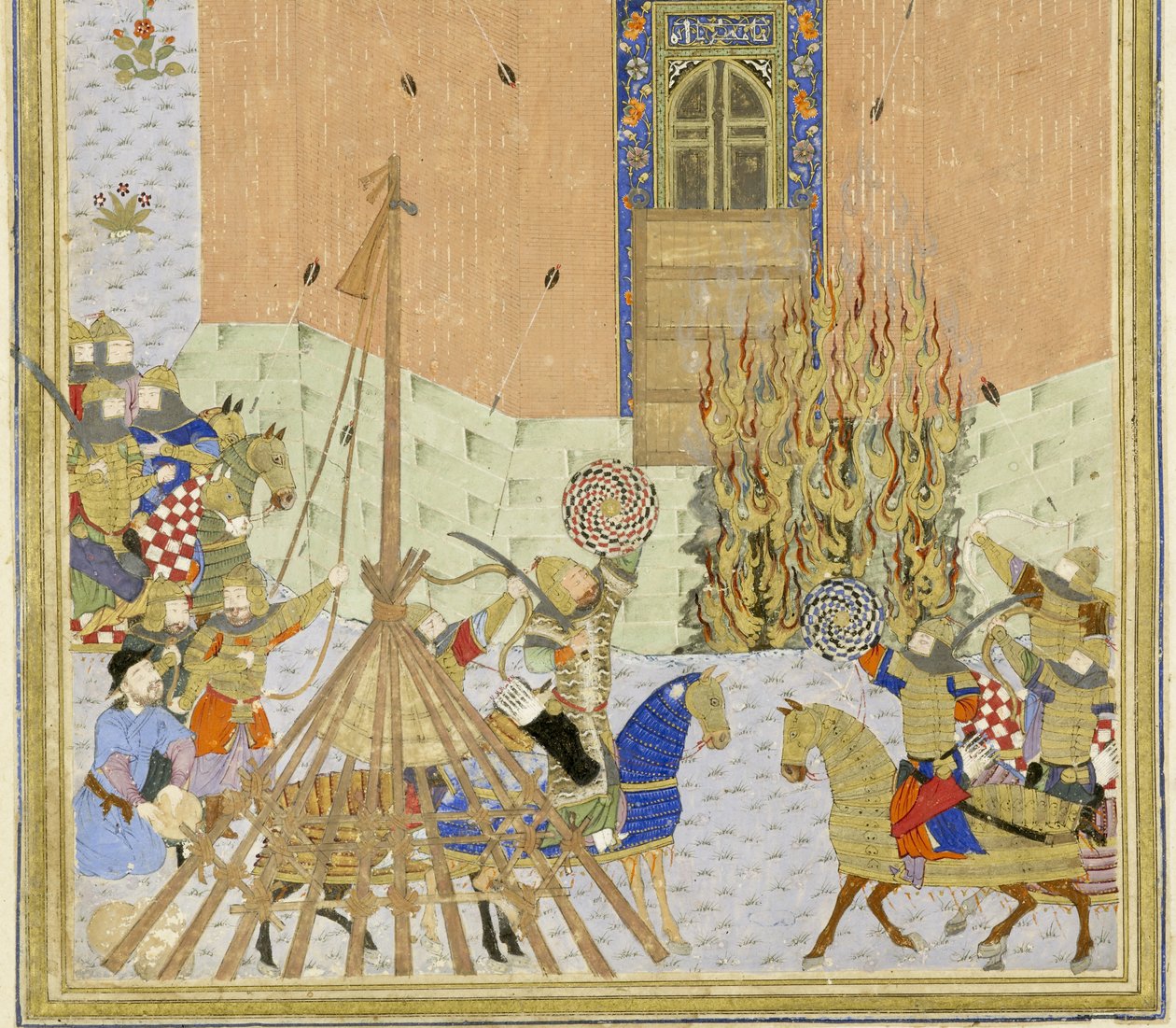 Persa 239 fol.223a Detalhe: A fortaleza de Gangue Dizh atacou com minas, ilustração do Shahnama (Livro dos Reis), por Abul-Qasim Mansur Firdawsi (c.934-c.1020), 1444 de Persian School