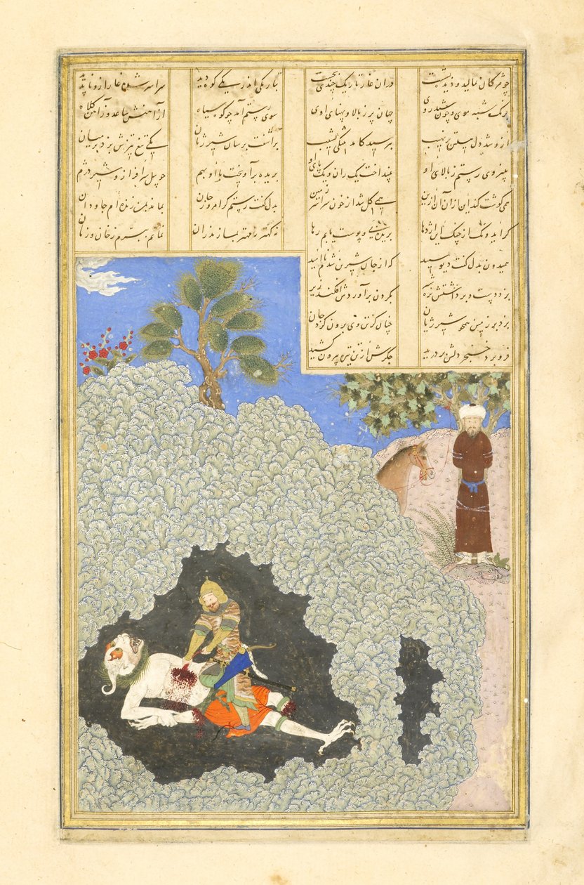 Persa 239 fol.44a Rustam mata o Div Branco, ilustração do Shahnama (Livro dos Reis), por Abul-Qasim Mansur Firdawsi (c.934-c.1020), 1444 de Persian School