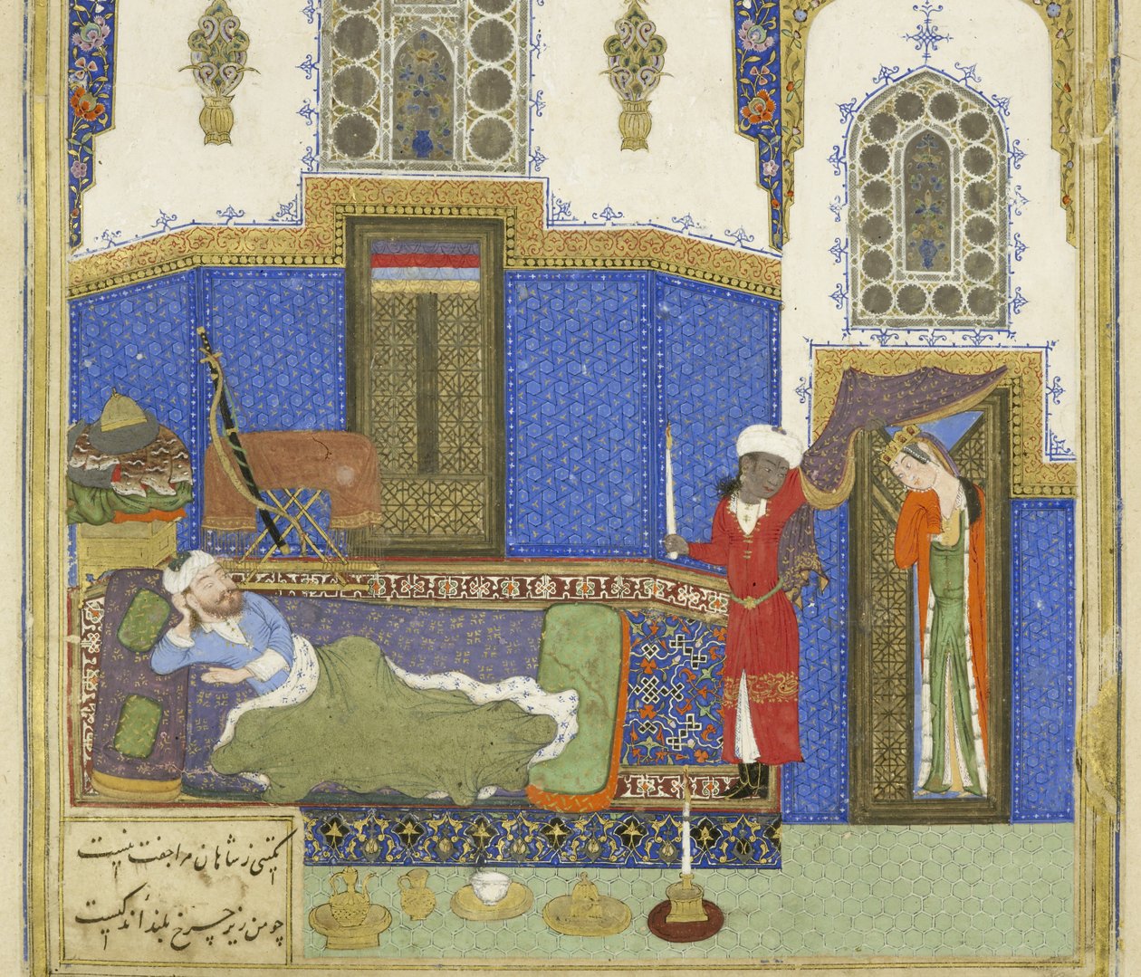 Persa 239 fol.56b Detalhe: Tahmā nah chega a Rustam, ilustração do Shahnama (Livro dos Reis), por Abul-Qasim Mansur Firdawsi (c.934-c.1020), 1444 de Persian School