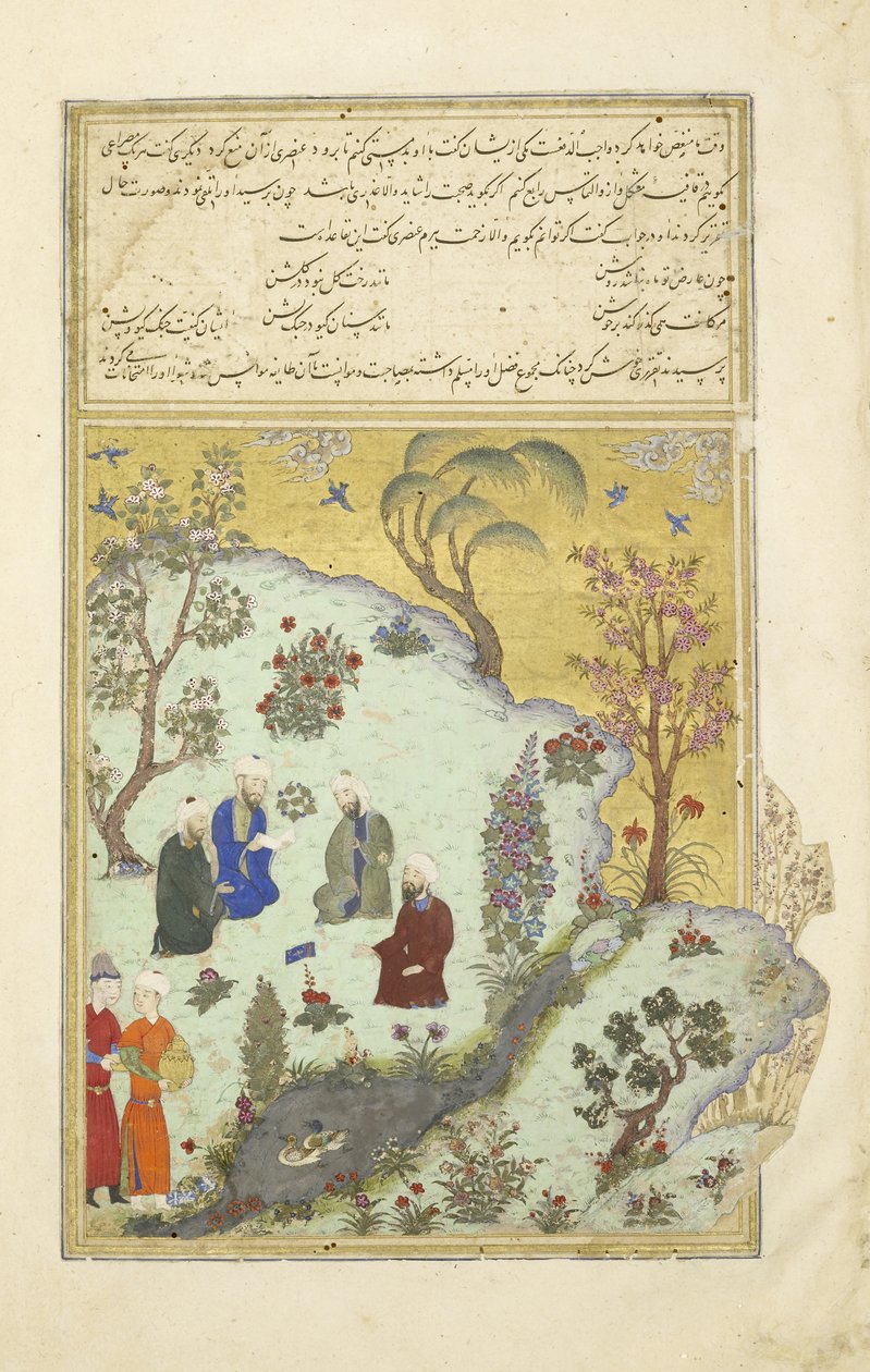Persa 239 segue Firdausi encontra os poetas da corte de Ghazni, ilustração do Shahnama (Livro dos Reis), por Abul-Qasim Mansur Firdawsi (c.934-c.1020), 1444 de Persian School