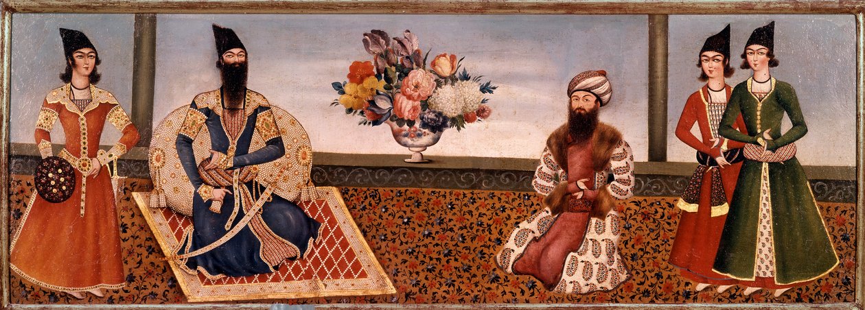 Rei Persa Fath Ali Shah (1771-1834) rodeia membros de sua corte Pintura da Escola de Shiraz (Shiraz) (século XIX) Teerã, Coleção Foroughi de Persian School