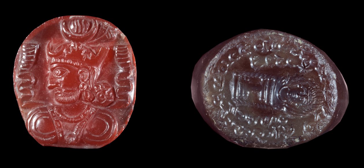 Arte persa: camee de Kavadh I (ou Qobad, Kobad, Kabad) (488-496 d.C.) rei do segundo império persa e selo de ágata do período sassânida. Século V ou VI d.C. Paris, B.N. de Persian School