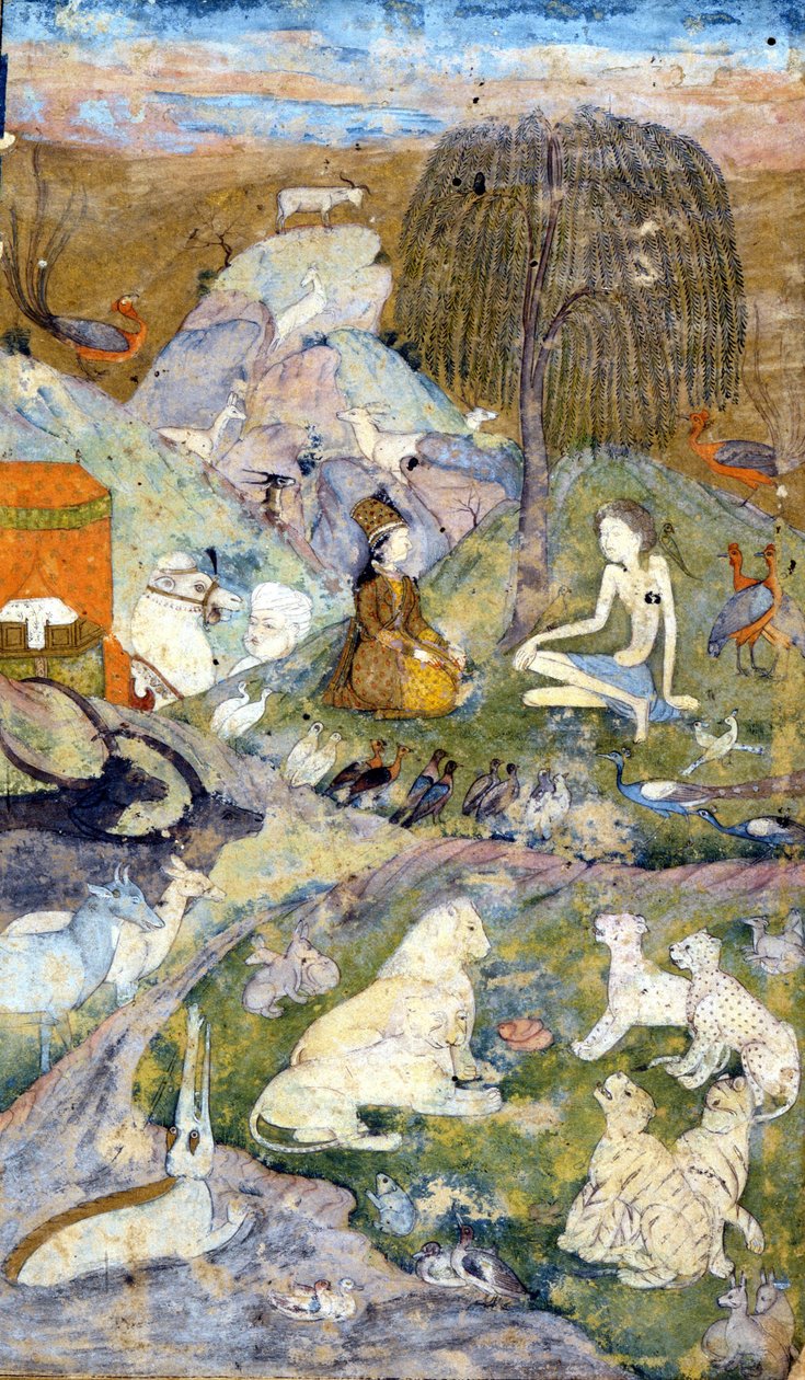 Miniatura persa do século XVII representando a Criação do Mundo: Homem e Mulher são representados perto da árvore da vida, assim como todos os animais. Zoroastrismo: religião de Zarathustra (Zarathustra, Zarathushtra, Zarathustra ou Zoroastra) de Persian School