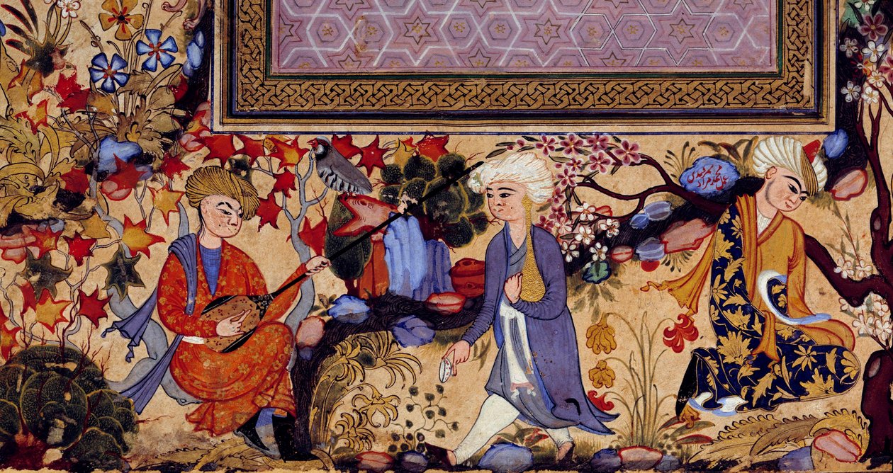 Miniatura persa representando uma cena de entretenimento com músicos. Detalhe de um gouache do século XVI. Paris, Museu do Louvre de Persian School