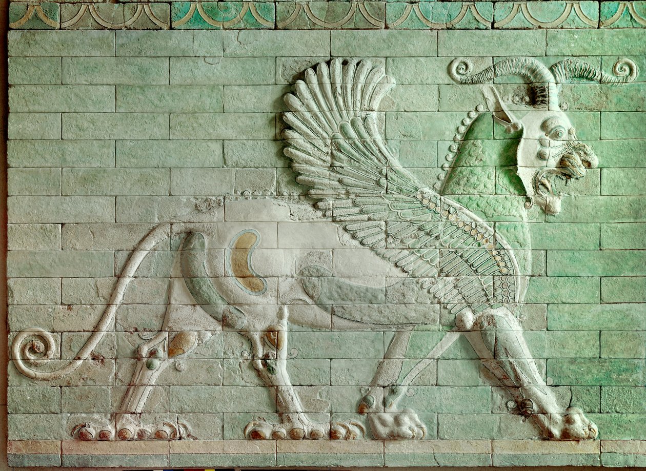 Roteiro do período persa (Irã): baixo relevo em tijolo esmaltado representando um grifo. Do Palácio de Dario I (550-486 a.C.), rei da Pérsia, até Susa. 510 A.C. Paris, Museu do Louvre de Persian School