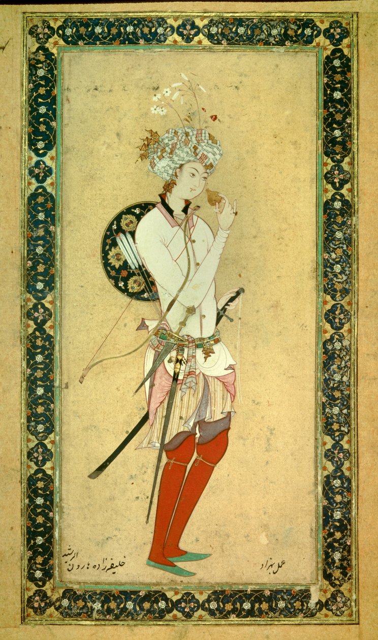 Retrato de Haroun al-Rashid (Harun al Rashid ou al-Rashid (al Rashid) ou ar Rashid (ar-Rashid) ou el Rashid (el-Rashid) ou el Raschid (el-Raschid) ou al Raschid (al-Raschid), Abassid Caliph (766? 809). Miniatura persa de Persian School