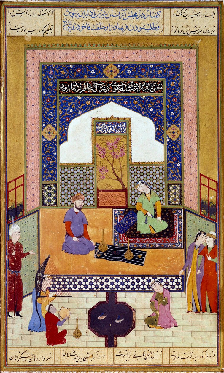 Princesa Shirin (Chirin) recebe Farhad em seu castelo persa em miniatura ilustrando um episódio de "Khamsa" de Nizami (cinco poemas) (1141-1209) Século XVI Paris musee du Louvre de Persian School