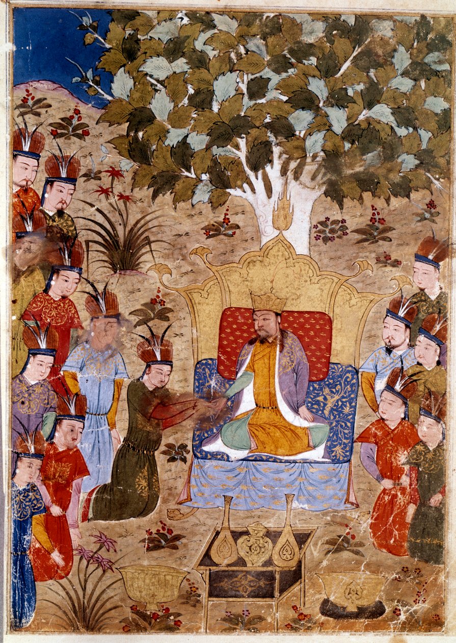 Representação de Chaghtai Khan (1227-1242) em seu trono, ele é o filho de Genghis Khan a cavalo. Miniatura persa tirada de Jami al-Tawarikh" (Jami al tawarikh) ou "História Universal" pelo historiador Rashid al-din (al din) (1247-1318) Por volta de 1430. de Persian School