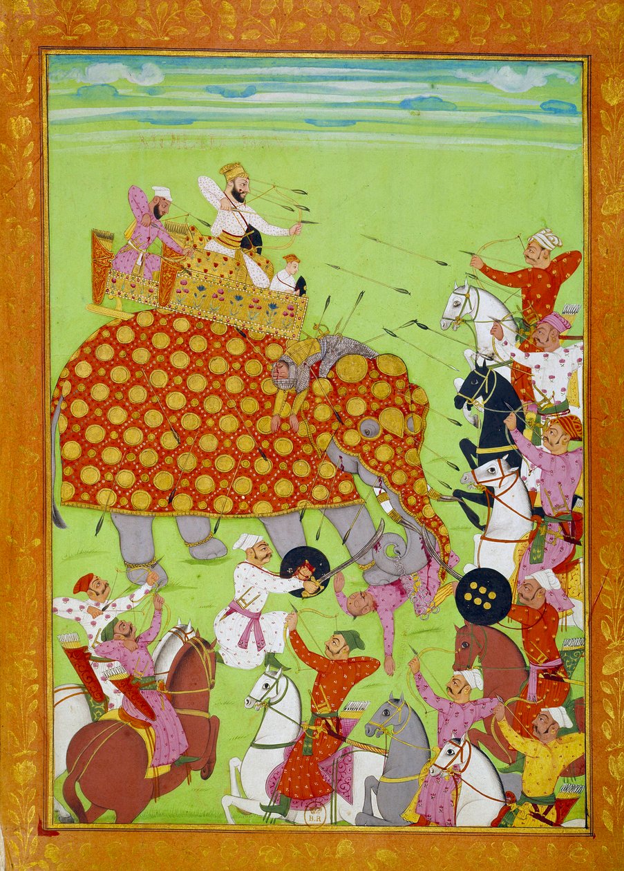 Representação de Murad (Mourad) Baksh (1624-1661), filho do Imperador Mughal Shah Jehan (ou Shah Jehan, Shahjehan) lutando contra um elefante. Miniatura persa da Paris do século XVII, B.N. de Persian School