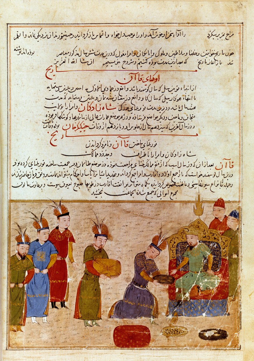 Representação de Ogodei Khan (1186-1241), ele é o filho de Genghis Khan. Miniatura persa tirada de "Jami al-tawarikh" (Jami al tawarikh) ou "História Universal" pelo historiador Rashid al-din (al din) (1247-1318) Por volta de 1430. Paris, B.N. de Persian School