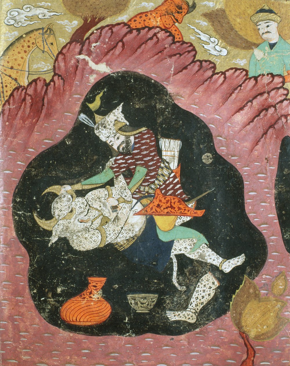 Rostam matando o Demônio Branco em uma caverna, ilustração do Shahnama (Livro dos Reis) por Abul-Qasim Manur Firdawsi (c.934-c.1020) 1615 de Persian School