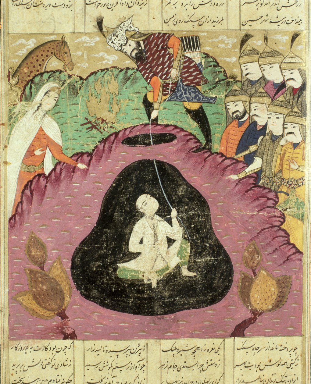 Rostam puxando Bijan da caverna, ilustração do Shahnama (Livro dos Reis) por Abul-Qasim Manur Firdawsi (c.934-c.1020) 1619 de Persian School