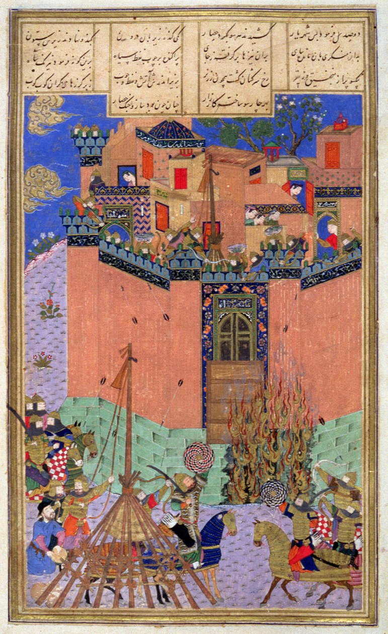 Direção Rustam O cerco de Gang Bihisht, ilustração do Shahnama (Livro dos Reis), por Abul-Qasim Manur Firdawsi (c.934-c.1020) c.1440-45 (caneta, tinta e wc em velino) de Persian School