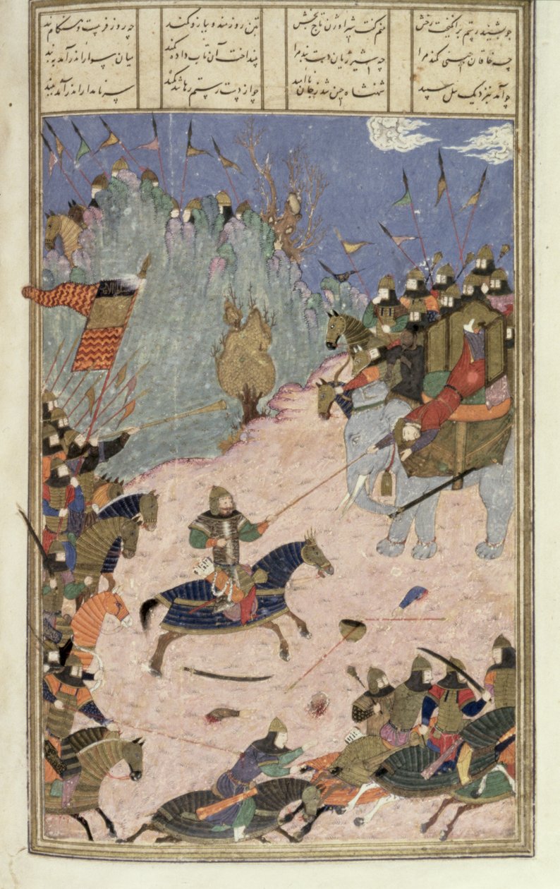 Rustam Arrasta os Khaqan de seu Elefante, ilustração do Shahnama (Livro dos Reis), de Abul-Qasim Manur Firdawsi (c.934-c.1020) c.1440-45 (caneta, tinta & wc em pergaminho) de Persian School
