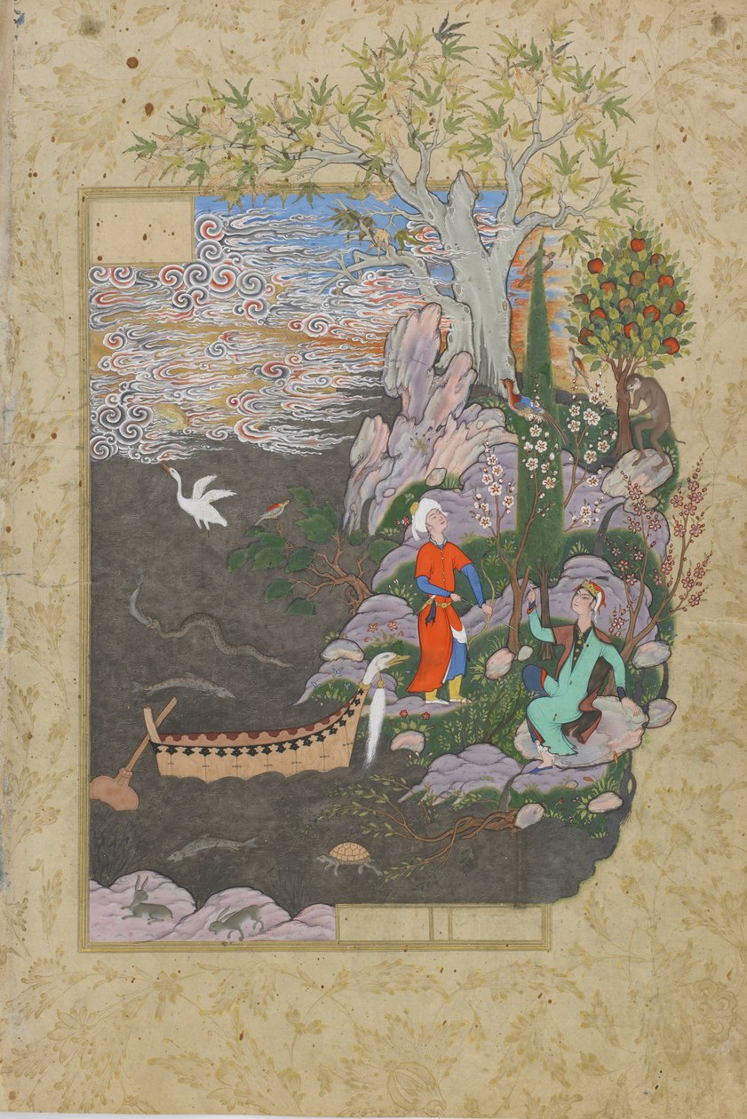Repouso de Salaman e Absal na ilha feliz, folio de um Haft awrang (Sete tronos) por Jami (d.1492) provavelmente Mashad, Khurasan, Irã, dinastia Safávida, 1556-1565 (tinta, aquarela opaca e ouro em p de Persian School