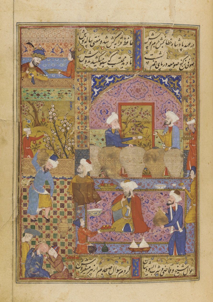 Cena em uma taberna de um divã de Hafiz, c.1552-53 de Persian School