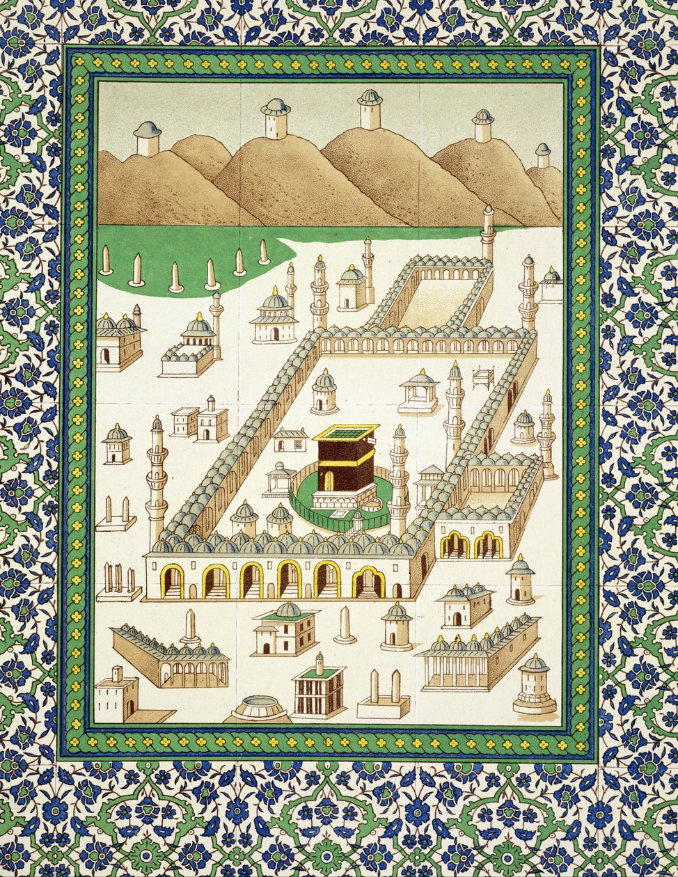 Visão esquemática de Meca, mostrando o Quabah, de um livro sobre cerâmica persa (impressão) de Persian School