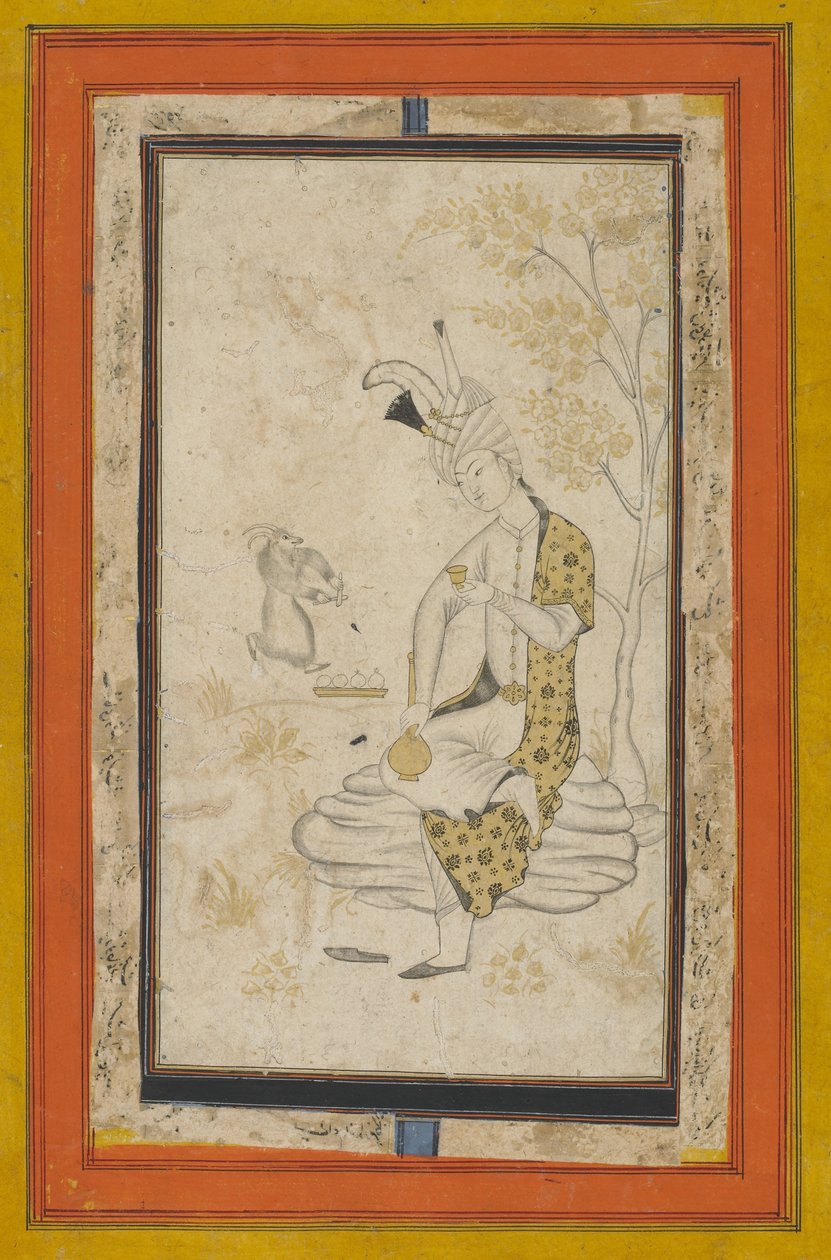 Shah Tahmasp eu sentei no rock, dinastia Safavid (tinta e ouro no papel) de Persian School