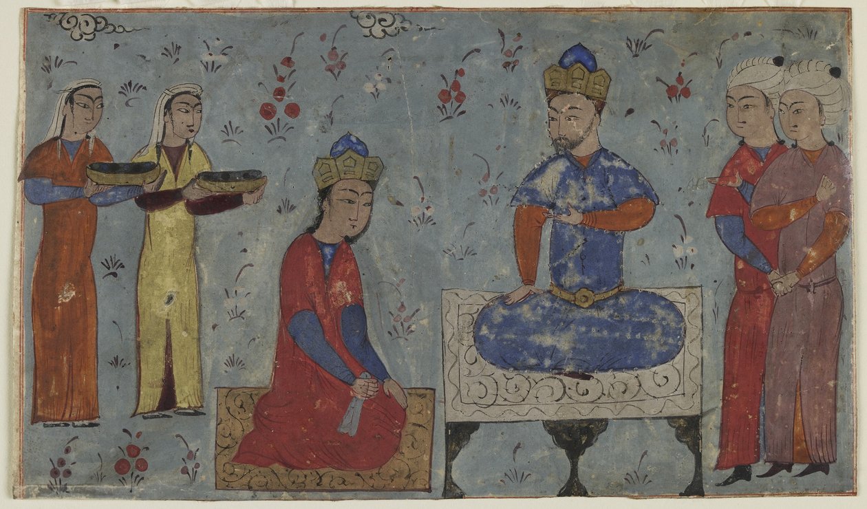 Sindukht antes de Sam (aquarela opaca, tinta e ouro no papel) de Persian School
