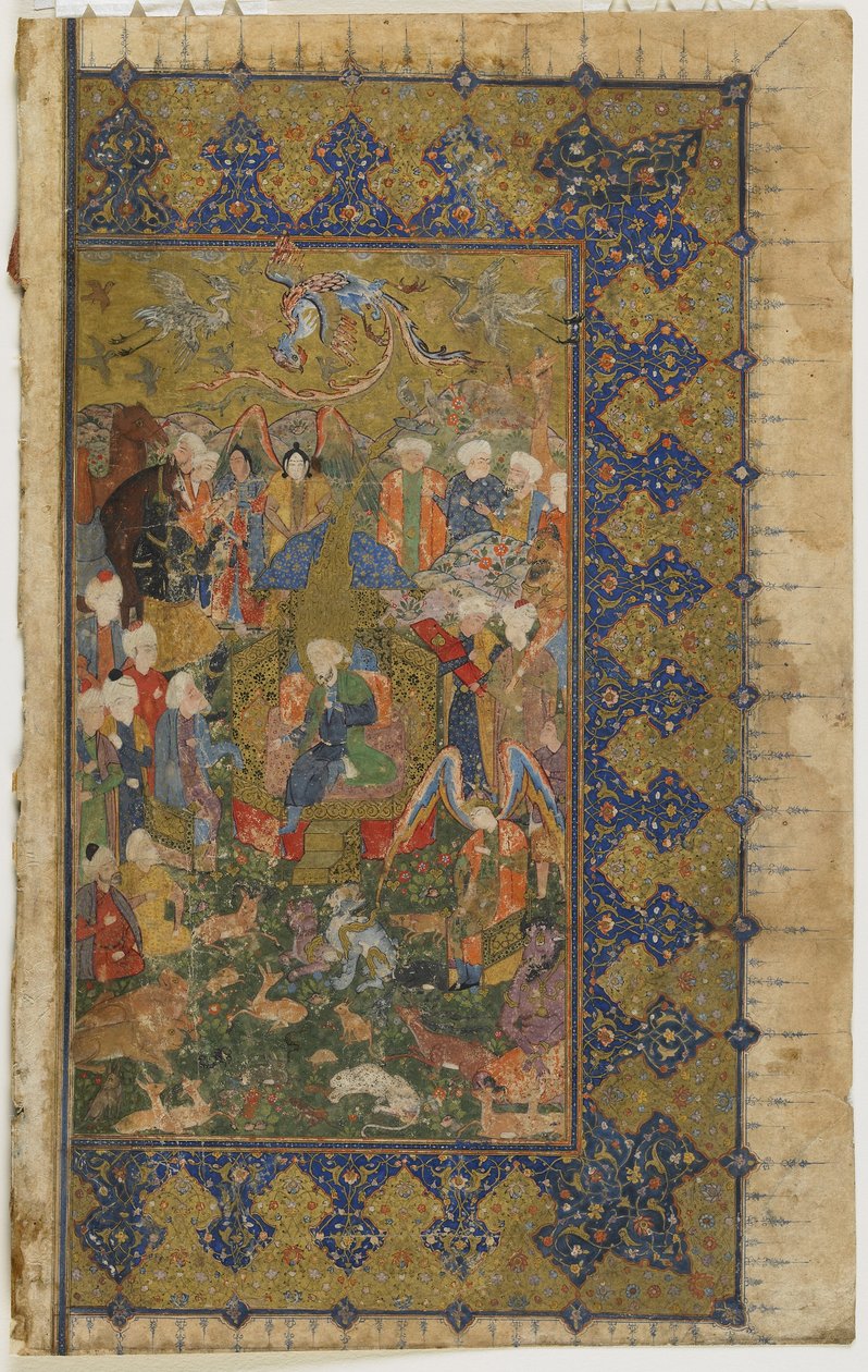 Salomão entronizado de Khamsa (Quinteto), c.1560 (aquarela opaca, tinta e ouro sobre papel) de Persian School