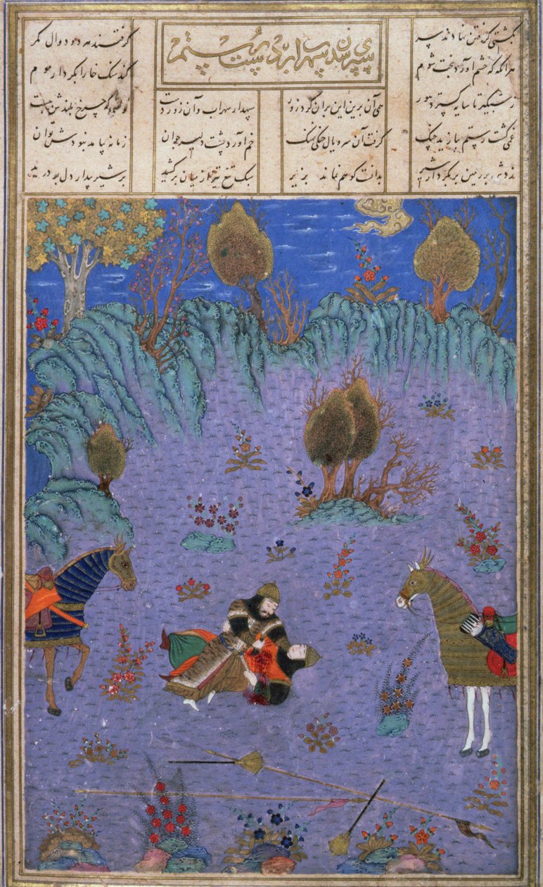 Suhrab morto por seu pai Rustam, ilustração do Shahnama (Livro dos Reis), por Abul-Qasim Manur Firdawsi (c.934-c.1020) c.1440-45 (caneta, tinta e wc em pergaminho) de Persian School