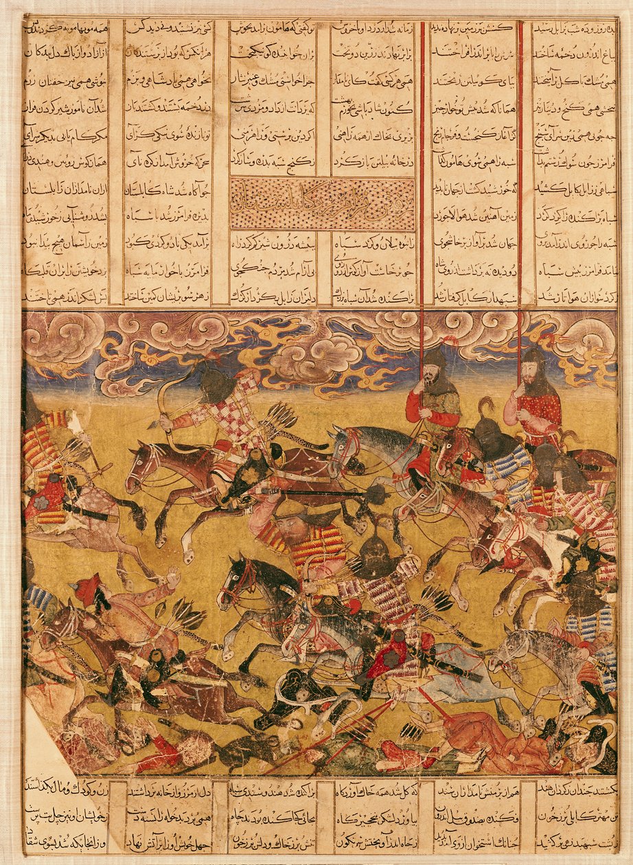 A Carga dos Cavaleiros de Faramouz, ilustração do &39;Shahnama&39; (Livro dos Reis), de Abu&39;l-Qasim Manur Firdawsi (c.934-c.1020) (guache sobre papel) de Persian School