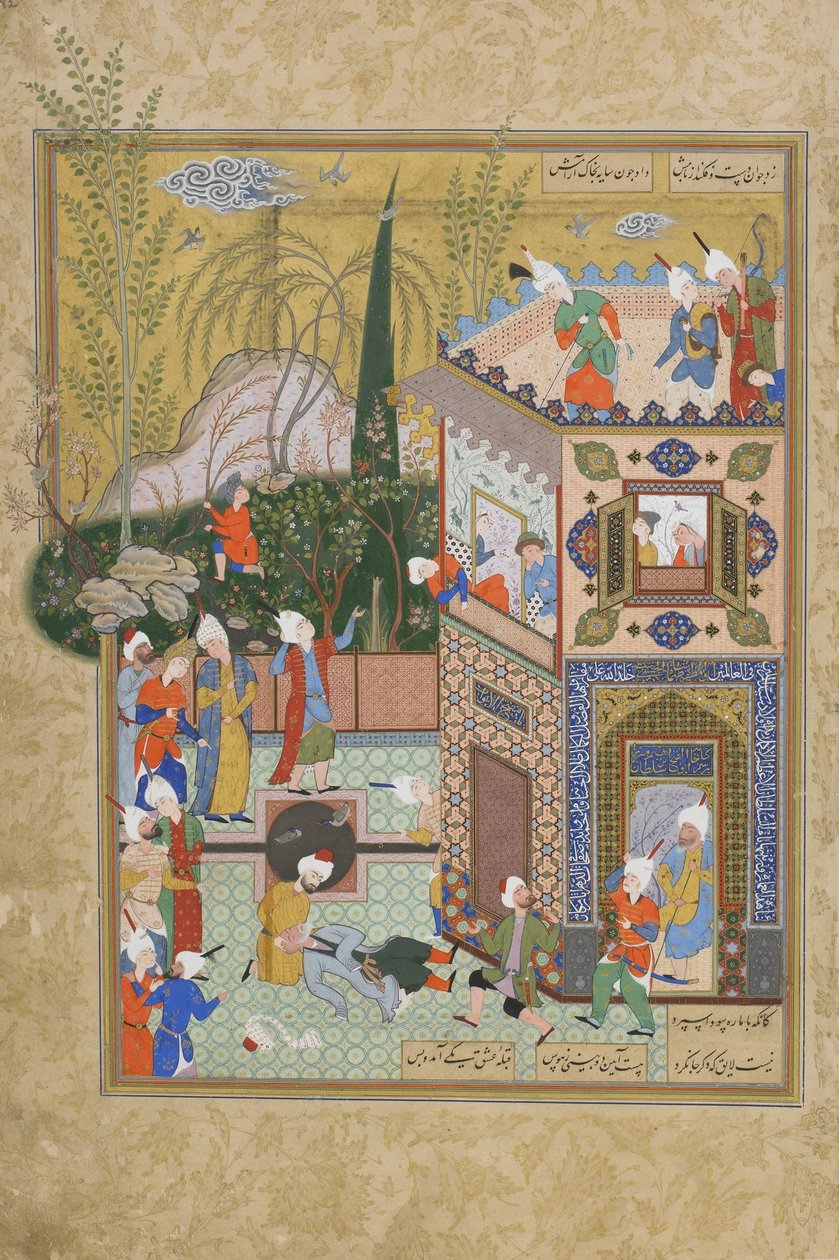A velha amante inconstante é derrubada do telhado, folio de uma Haft awrang (Sete tronos) por Jami (d.1492) provavelmente Mashhad, Khurasan, Irã, dinastia Safávida, 1556-1565 (tinta, aquarela opaca e ouro de Persian School
