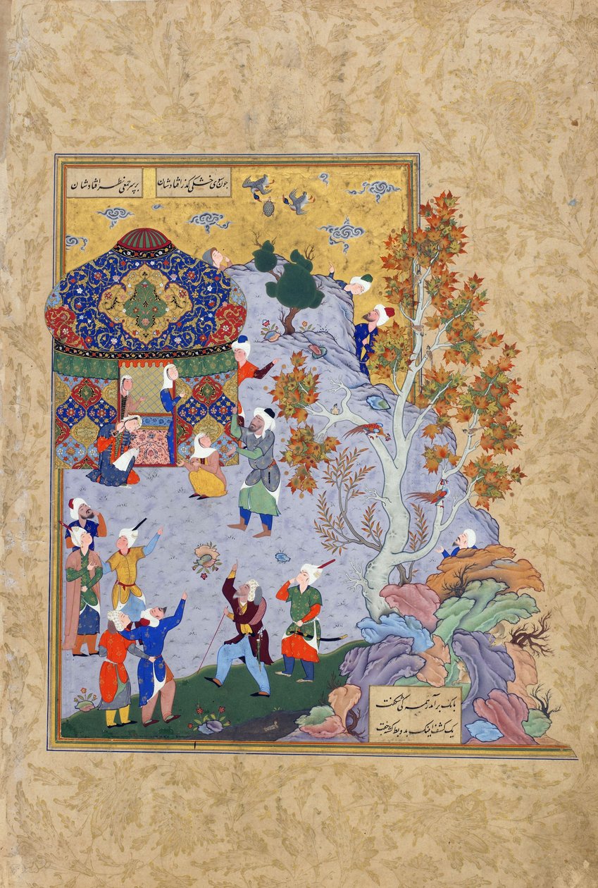 O Vôo da Tartaruga, fólio de uma Haft awrang (Sete Tronos) por Jami (d.1492), provavelmente Mashhad, Khurasan, Irã, dinastia Safávida, 1556-1565 (tinta, aquarela opaca e ouro sobre papel) de Persian School