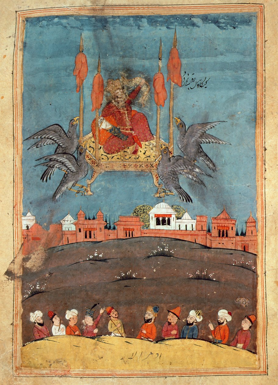 The Flying Carpet, do poema &39;Layla and Majnun&39; de Nizami (guache sobre papel) de Persian School