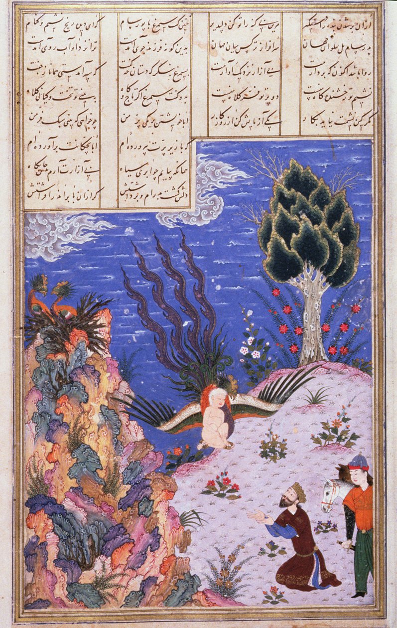 O Simurgh restaura a criança Zal para seu pai Sam, ilustração do Shahnama (Livro dos Reis), por Abul-Qasim Manur Firdawsi (c.934-c.1020) c.1440-45 (caneta, tinta e wc em pergaminho) de Persian School