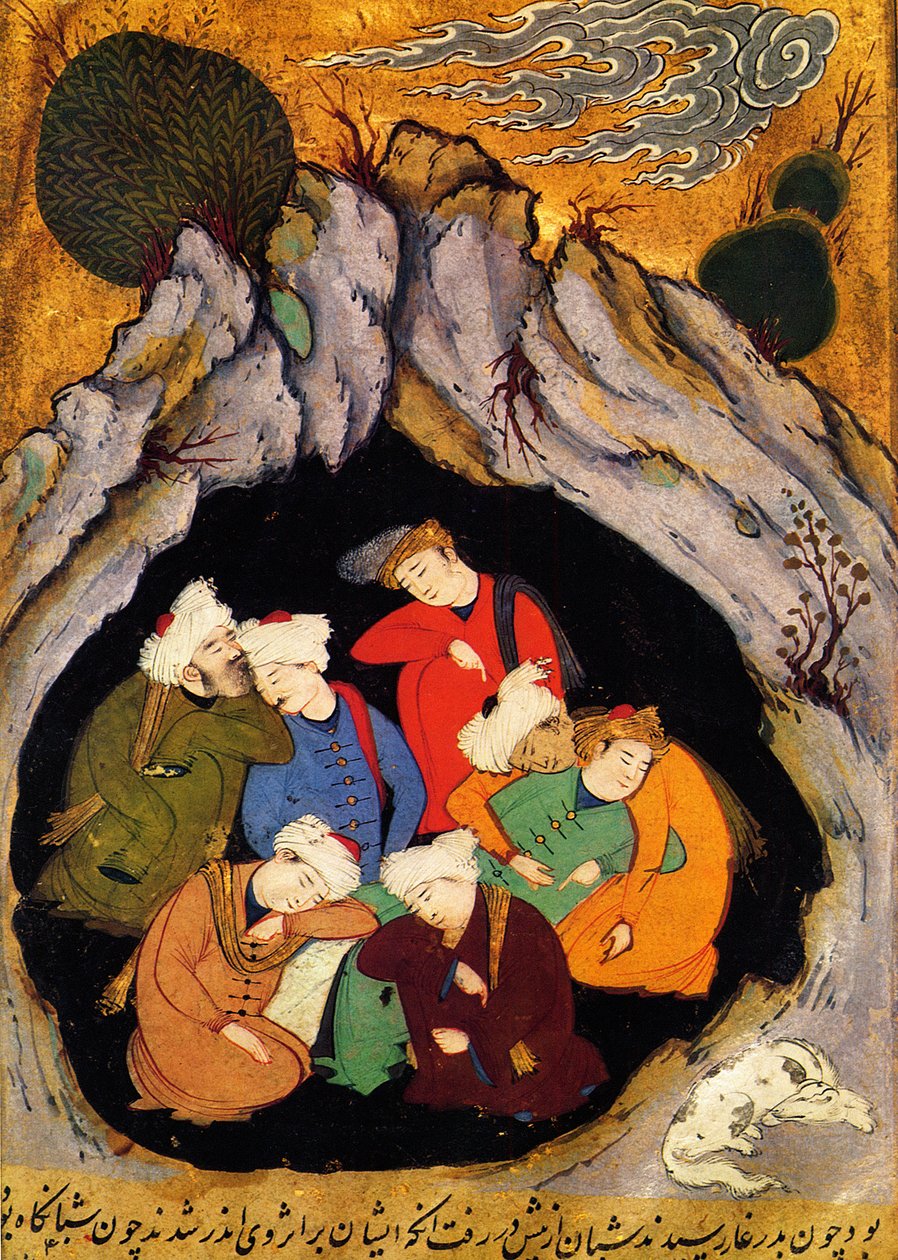 "The Sleeping Seven of Ephesus" de "The Golden Legend" de Jacobus (James) de Voragine (1228-1298). Xilografia do século XVI. Miniatura persa do manuscrito "História dos Profetas", do século XVI, cerca de 1550. de Persian School