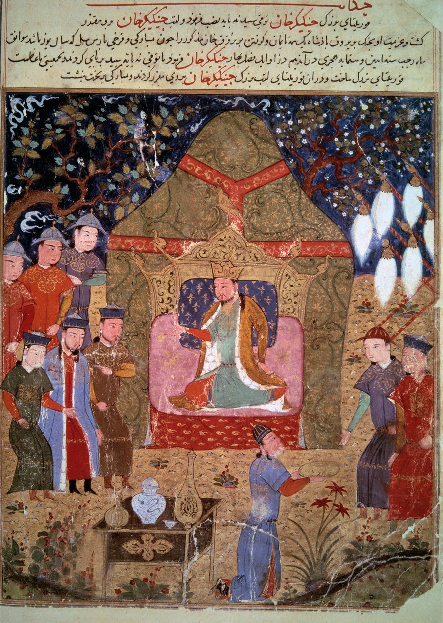 A corte do Imperador Mongol Genghis Khan (1162-1227), representando o Centro Miniatura Persa de "Jami al-Tawarikh" (Jami al-Tawarikh) (ou História Universal) pelo historiador Rashid al-Din (al Din) (1247-1318), aproximadamente 1430. Paris, B.N. de Persian School