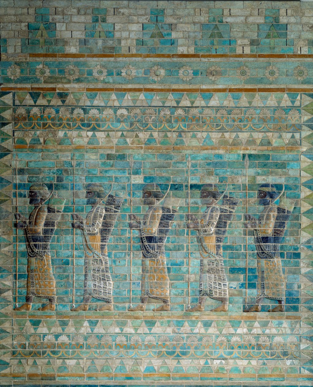 O friso dos arqueiros, do palácio de Dario I, rei da Pérsia, em Susa (século VI a.C.). O fundo em tijolo em relevo, enviado por e-mail. 510 A.C. Paris, Museu do Louvre. de Persian School
