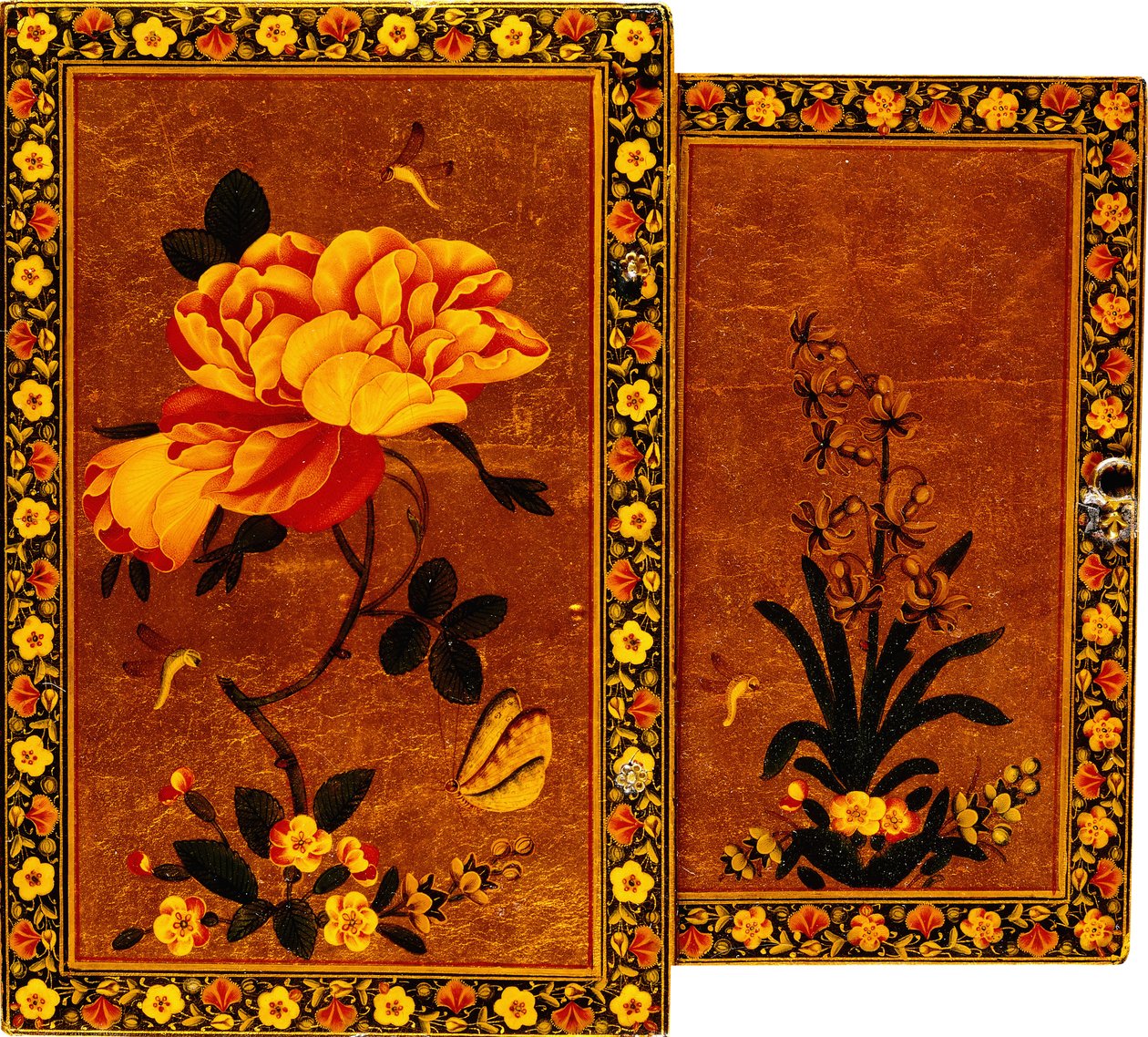 A frente e as costas de uma caixa de espelho pintada com um jacinto e uma rosa, respectivamente, do século XVII de Persian School