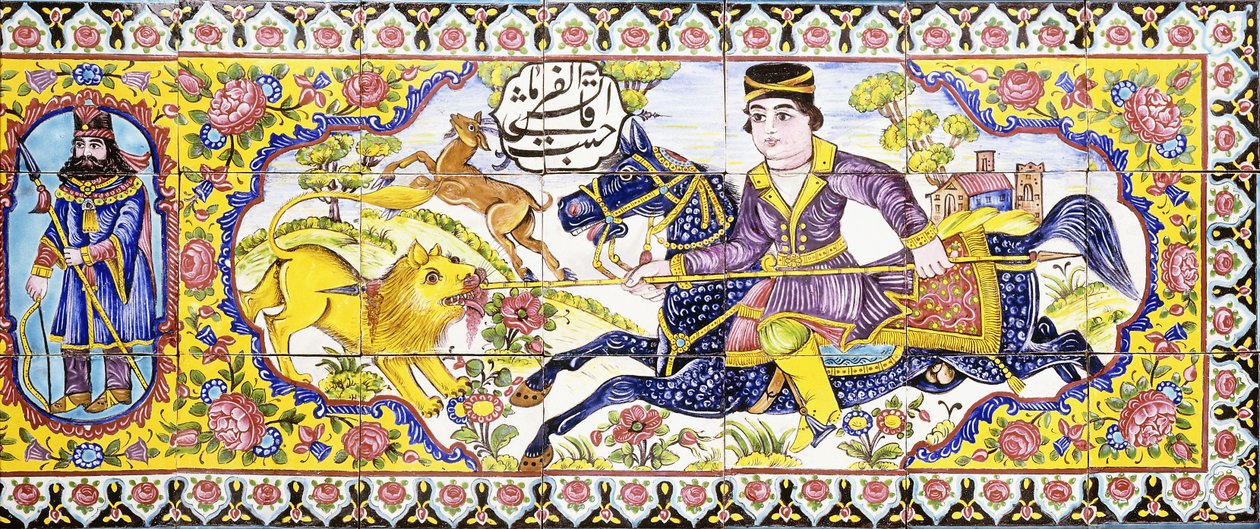 Terceira cartela de um longo painel de telhas de cuerda seca, representando cenas de caça e batalha, século XIX de Persian School
