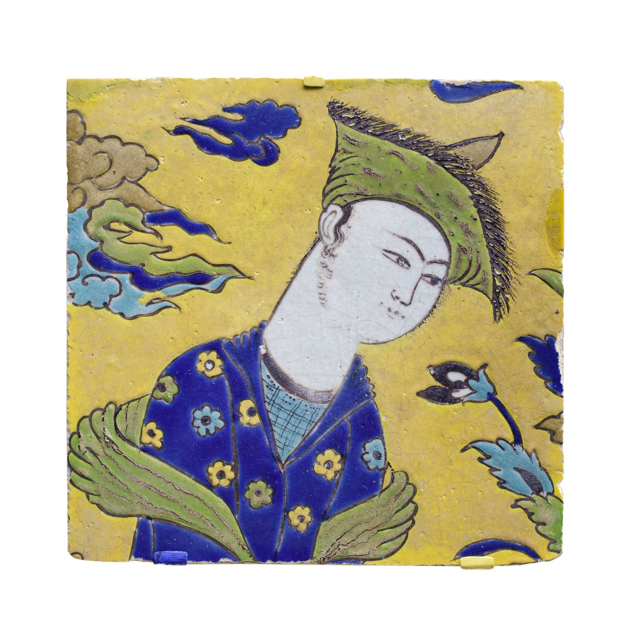 Azulejo com jovens no jardim, Isfahan, Irão, período safávida de Persian School