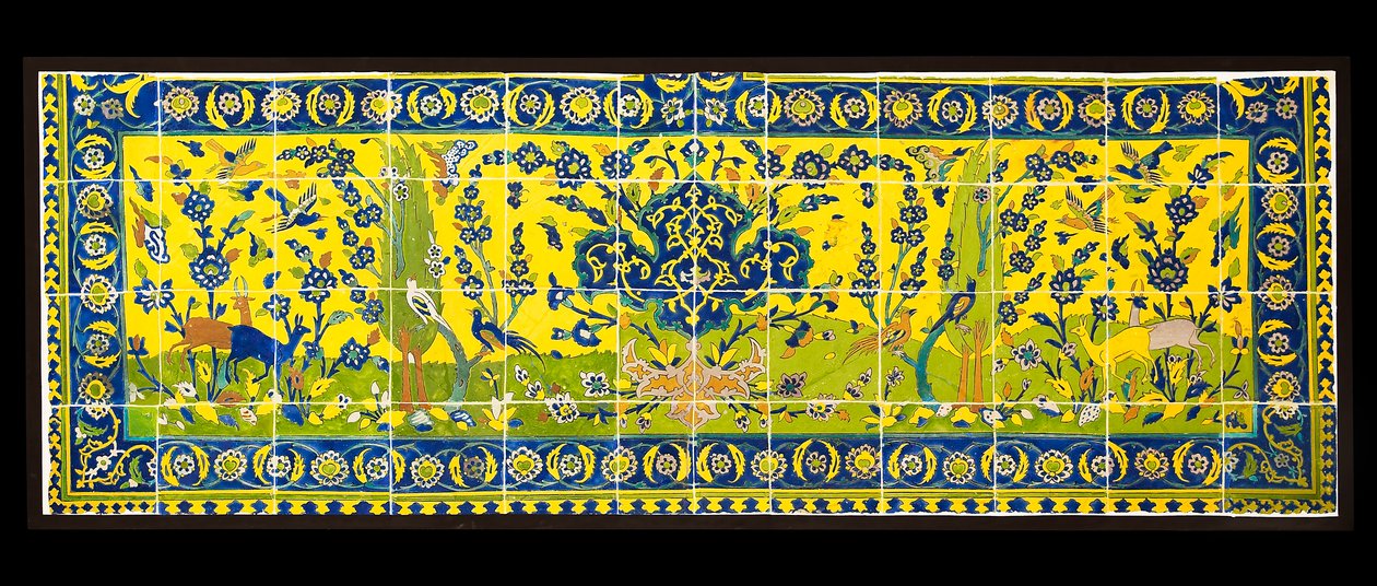 Telhas representando uma cena natural, de Isfahan, Irã, provavelmente do século XVII (louça de barro com esmalte policromado) de Persian School