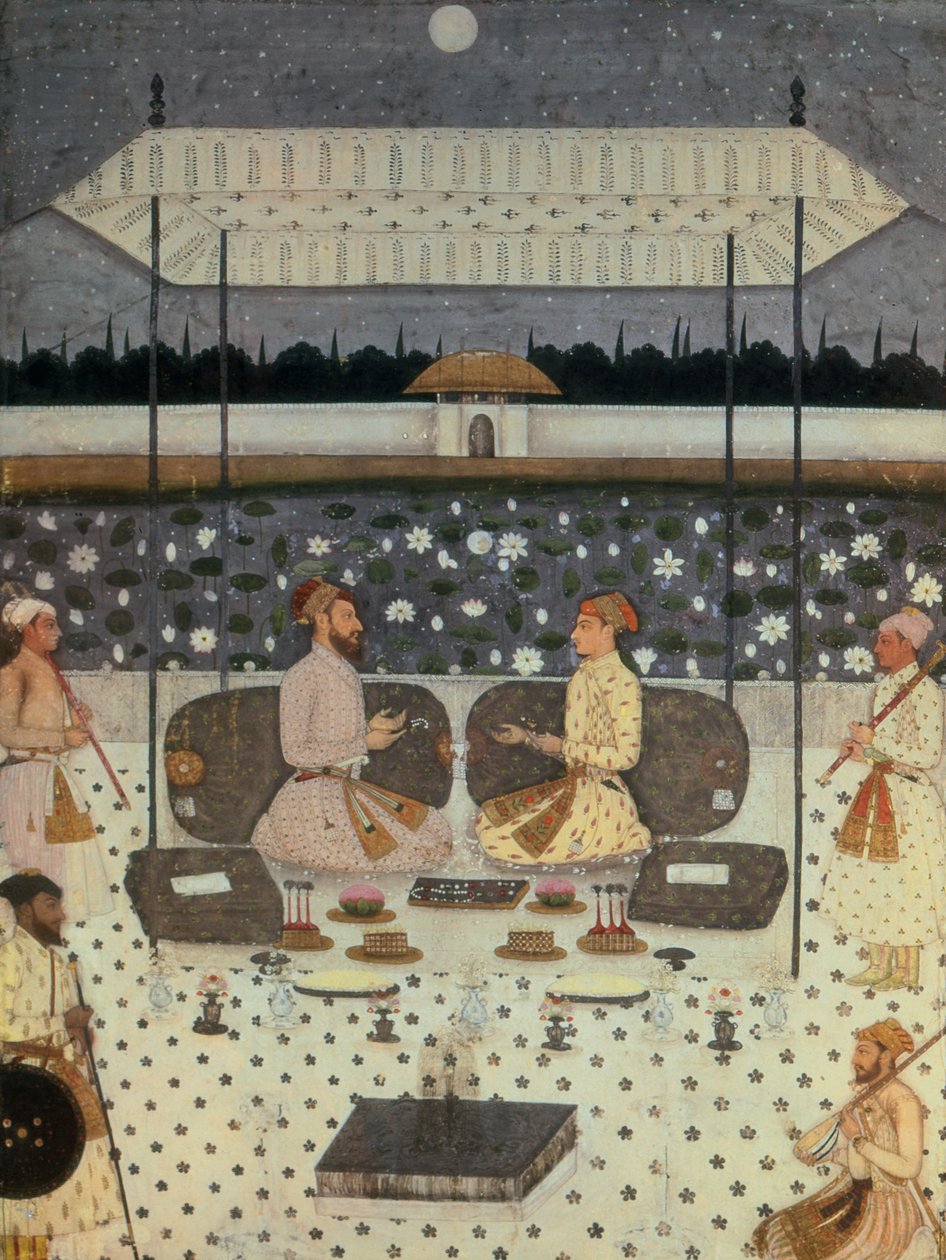 Dois príncipes mongóis conversando à noite, c.1480-90 de Persian School