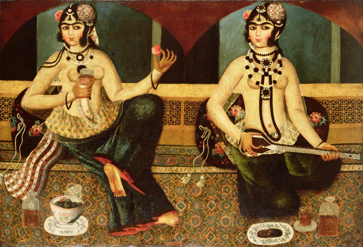 Duas senhoras do harém, Qajar, persa, c.1811-14 de Persian School